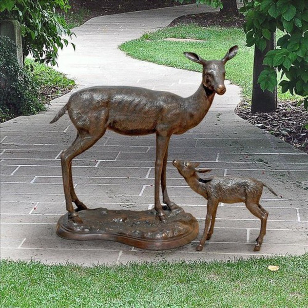 Doe and baby bronze garden set outdoor Wildlife bronzes sculptures